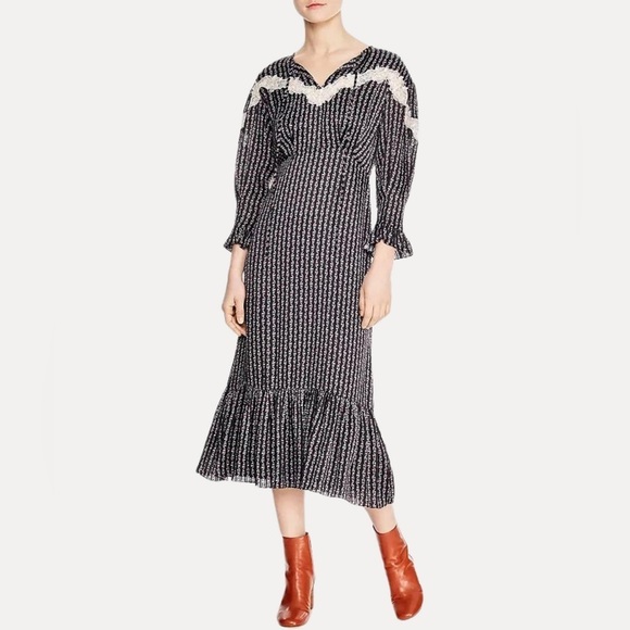 Sandro Marceau Lace-Inset Floral Prairie Cottagecore Midi Dress NWT Size 36/US S - Picture 1 of 10